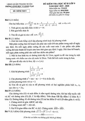 Đề thi học kì 2 Toán 9 năm 2019  2020 phòng GDĐT Thanh Xuân  Hà Nội