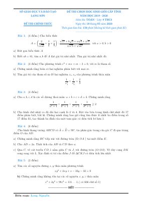 Đề thi học sinh giỏi cấp tỉnh Toán 9 năm học 2019  2020 sở Lạng Sơn