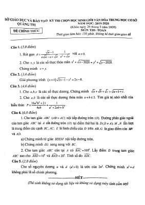 Đề thi chọn học sinh giỏi môn Toán lớp 9 năm 2019  2020 sở Quảng Trị