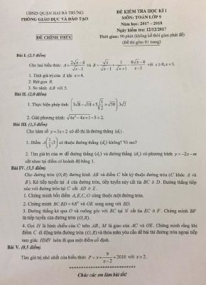 Đề kiểm tra học kì 1 Toán 9 năm học 2017  2018 phòng GD và ĐT Hai Bà Trưng  Hà Nội