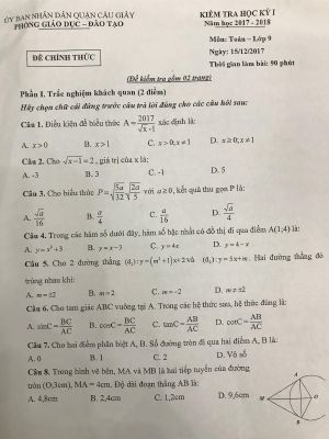 Đề thi học kì 1 Toán 9 năm học 2017  2018 phòng GD và ĐT Cầu Giấy  Hà Nội