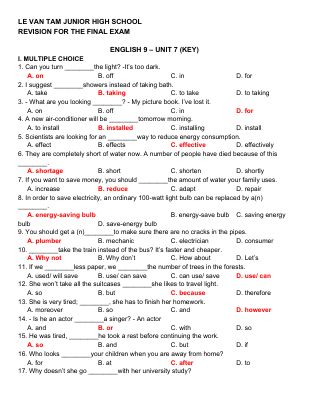 Đề thi học kì 2 môn Tiếng Anh lớp 9 THCS Lê Văn Tám có đáp án