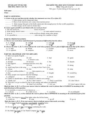 Đề thi học kì 2 môn Anh lớp 9 năm 2018 - 2019 tuyển chọn