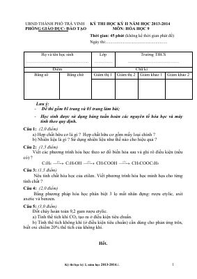 Đề thi học kì 2 môn Hóa lớp 9 TP Trà Vinh