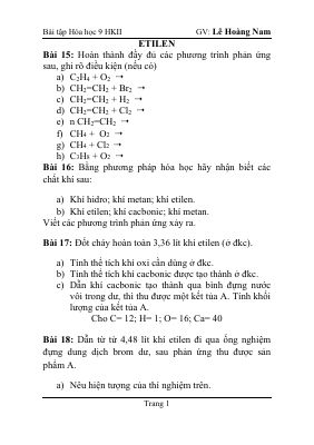Bài tập Hóa học kì 2 lớp 9 - Etilen
