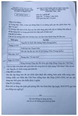 Đề thi lớp 10 môn lịch sử trường THPT chuyên khoa học xã hội và nhân văn năm 2020