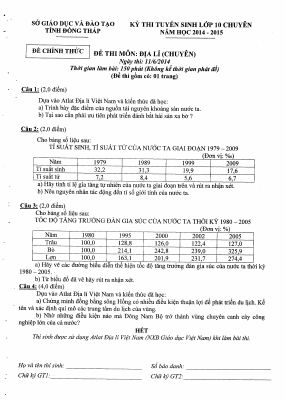Đề thi tuyển sinh vào lớp 10 chuyên môn Địa năm 2014 - 2015 tỉnh Đồng Tháp có đáp án