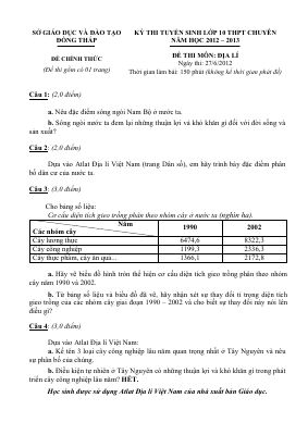 Đề thi tuyển sinh vào lớp 10 chuyên môn Địa năm 2012 - 2013 tỉnh Đồng Tháp có đáp án