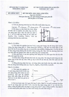 Đề thi tuyển sinh vào lớp 10 chuyên môn Hóa năm 2017 - 2018 tỉnh Đồng Tháp có đáp án