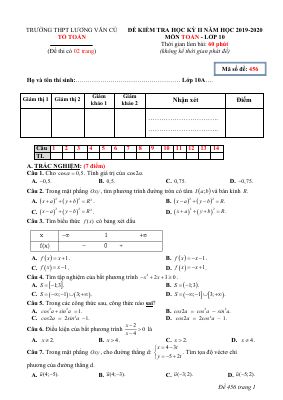 Đề kiểm tra học kì 2 môn Toán lớp 10 năm 2019 - 2020 THPT Lương Văn Cù - Mã đề 456