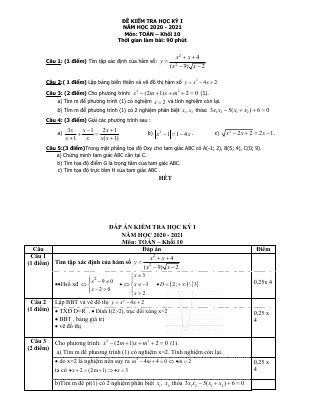 Đề thi học kì 1 môn Toán lớp 10 năm 2020 - 2021 THPT Lương Văn Can có lời giải hay