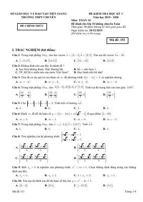 Đề thi học kì 1 môn Toán lớp 10 năm 2019 - 2020 THPT Chuyên
