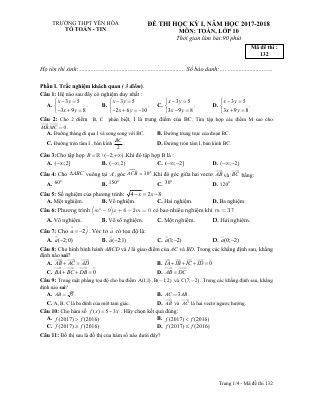 Đề thi học kì 1 môn Toán lớp 10 THPT Yên Hòa có đáp án
