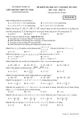 Đề thi học kì 1 môn Toán lớp 10 THPT TP Vinh có đáp án
