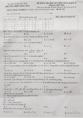 Đề thi học kì 1 môn Toán lớp 10 THPT Kim Liên - Mã 520