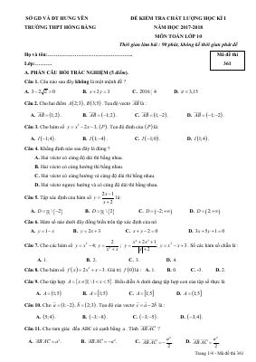 Đề thi học kì 1 môn Toán lớp 10 THPT Hồng Bàng - Mã 361