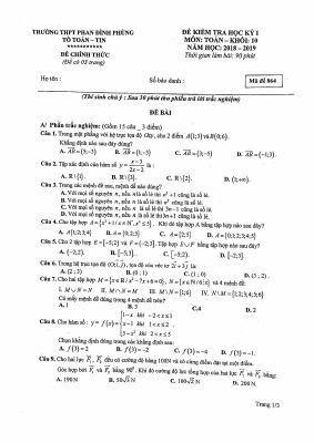Đề thi học kì 1 môn Toán lớp 10 THPT Phan Đình Phùng - Mã đề 864