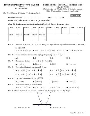 Đề thi học kì 1 môn Toán lớp 10 THPT Nguyễn Trãi có đáp án
