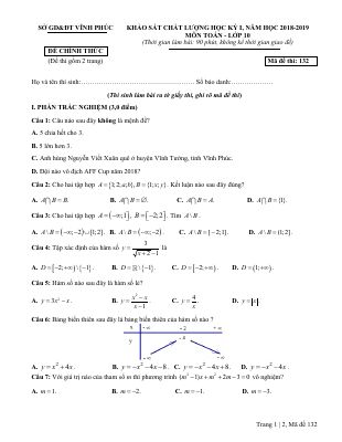 Đề thi học kì 1 môn Toán lớp 10 sở Vĩnh Phúc chọn lọc