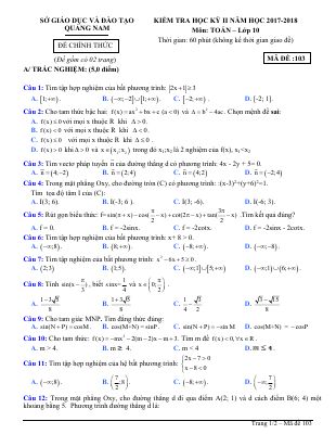 Đề thi thử học kì 2 môn Toán lớp 10 sở Quảng Nam