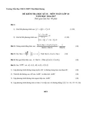 Bài kiểm tra học kỳ 2 môn Toán lớp 10 trường THPT Thái bình dươmg năm học 2016