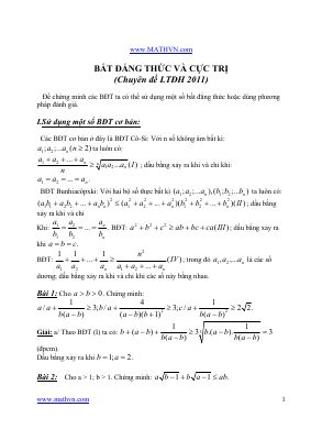 Bài tập có đáp án chi tiết về bất đẳng thức và cực trị luyện thi đại học môn toán năm 2011