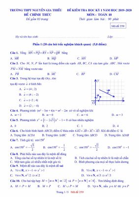 Đề thi học kì 1 Toán 10 năm 2019  2020 trường Nguyễn Gia Thiều  Hà Nội