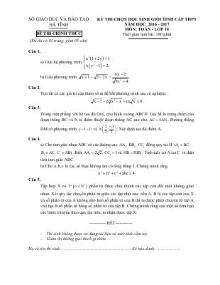 Đề thi học sinh giỏi cấp tỉnhmôn Toán lớp 10 năm học 2016  2017 sở Hà Tĩnh