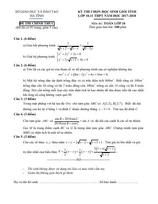 Đề thi học sinh giỏi cấp tỉnh Toán lớp 10 THPT năm học 2017 2018 sở Hà Tĩnh