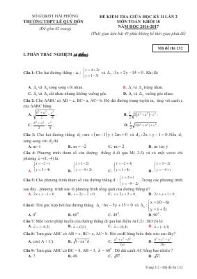 Đề kiểm tra Hình học 10 chương 3 (Tọa độ mặt phẳng) trường THPT Lê Quý Đôn  Hải Phòng