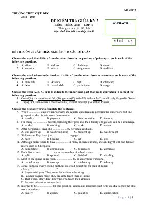 Đề kiểm tra giữa học kì 2 môn Tiếng Anh lớp 10 năm 2018 - 2019 THPT Việt Đức chi tiết - Mã đề 122