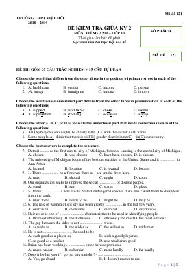 Đề kiểm tra giữa học kì 2 môn Tiếng Anhh lớp 10 năm 2018 - 2019 THPT Việt Đức chi tiết - Mã đề 121