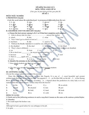Bộ đề Tiếng Anh ôn thi học kỳ 1 lớp 10 có đáp án
