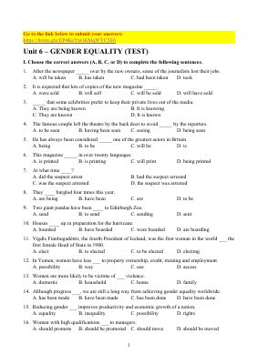 Bài kiểm tra Tiếng Anh lớp 10 - Bài Gender equality