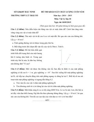 Đề thi khảo sát chất lượng cuối năm môn vật lý lớp 10 năm 2014 trường thpt lý thái tổ