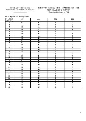 Đáp án đề kiểm tra học kì 1 môn Hóa lớp 10 chuyên năm 2020 - 2021 THPT chuyên Huỳnh Mẫn Đạt chi tiết