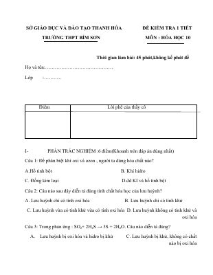 Đề thi thử giữa kì 2 môn Hóa lớp 10 THPT Bỉm Sơn