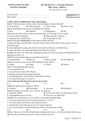 Đề thi học kì 1 môn Sinh lớp 10 THPT Yên Hòa - Mã đề 132