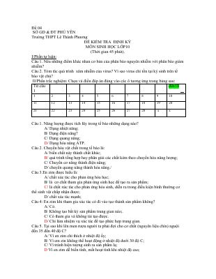 Đề thi thử giữa kì 2 môn Sinh lớp 10 THPT Lê Thành Phương có đáp án