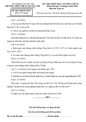 Đề thi học sinh giỏi môn Sử lớp 10 năm 2020 THPT thị xã Quảng Trị có đáp án