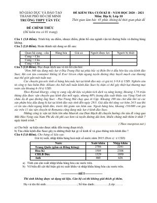 Đề thi cuối học kỳ 2 môn Địa lí lớp 10 Trường THPT Tân Túc năm 2020-2021