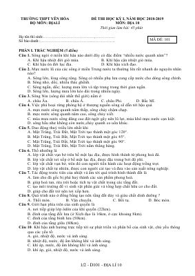 Đề thi học kì 1 môn Địa lớp 10 THPT Yên Hòa - Mã đề 101