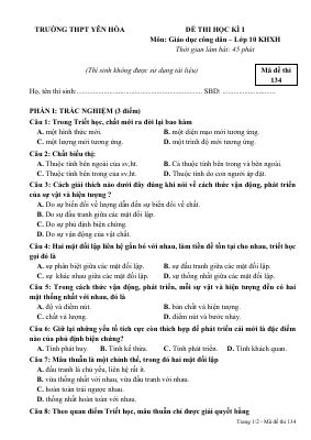 Đề thi học kì 1 môn GDCD lớp 10 THPT Yên Hòa - Mã đề 134