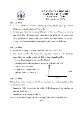 Đề thi học kì 1 môn GDCD lớp 10 THPT Nguyễn Du
