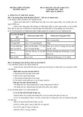 Đề cương ôn tập giữa học kì 1 môn Địa lí lớp 11 Trường THPT Yên Hòa năm 2021 - 2022