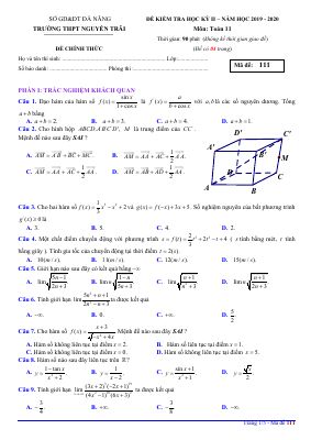 Đề kiểm tra học kì 2 môn Toán lớp 11 năm 2019 - 2020 THPT Nguyễn Trãi có đáp án - Mã đề 111