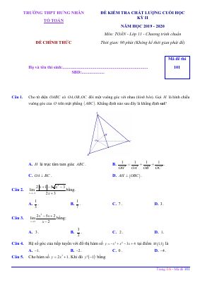 Đề kiểm tra học kì 2 môn Toán lớp 11 năm 2019 - 2020 THPT Hưng Nhân chi tiết - Mã đề 101