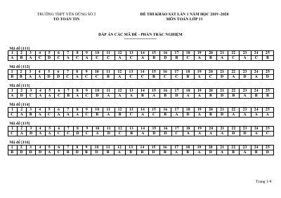 Đáp án đề thi khảo sát lần 1 môn Toán lớp 11 năm 2019 - 2020 THPT Yên Dũng số 2 chi tiết