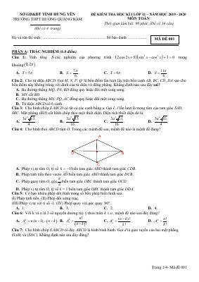 Đề thi học kì 1 Toán 11 năm 2019  2020 trường Dương Quảng Hàm  Hưng Yên