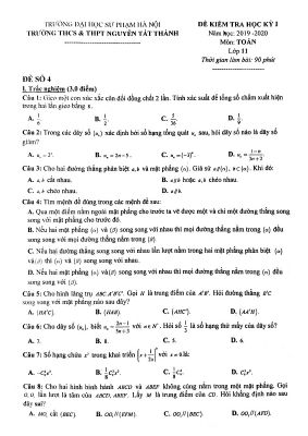Đề thi học kì 1 Toán 11 năm 2019  2020 trường Nguyễn Tất Thành  Hà Nội